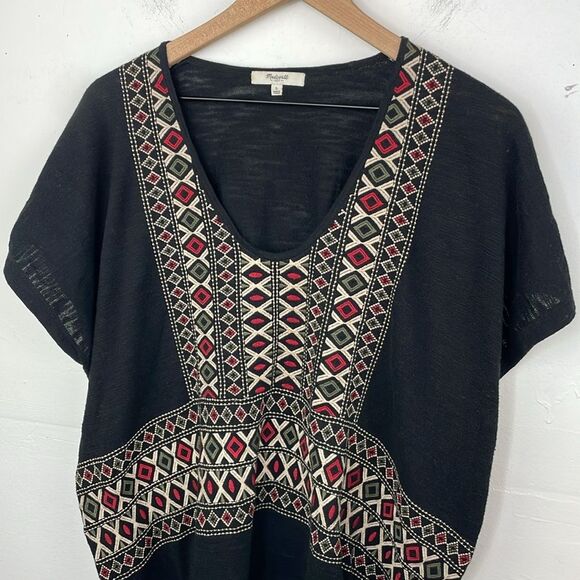 Madewell Boho Aztec Top Womens Black Short Sleeve Embroidered relaxed fit Large - Picture 2 of 13